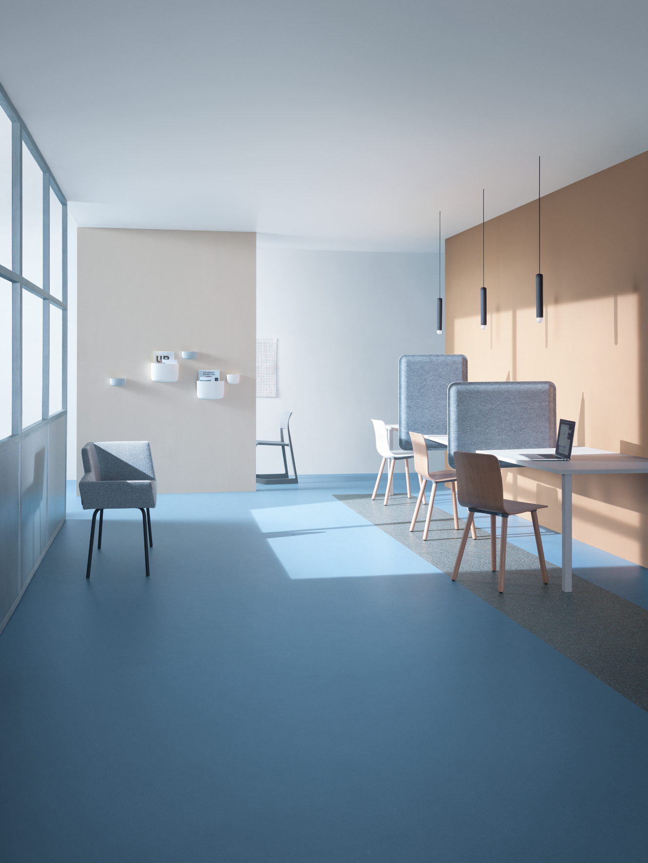 I fargen Blu 6804 (NCA 3030-B) har vinylbelegget Nordstar Lumina fra Forbo  LRV 57.