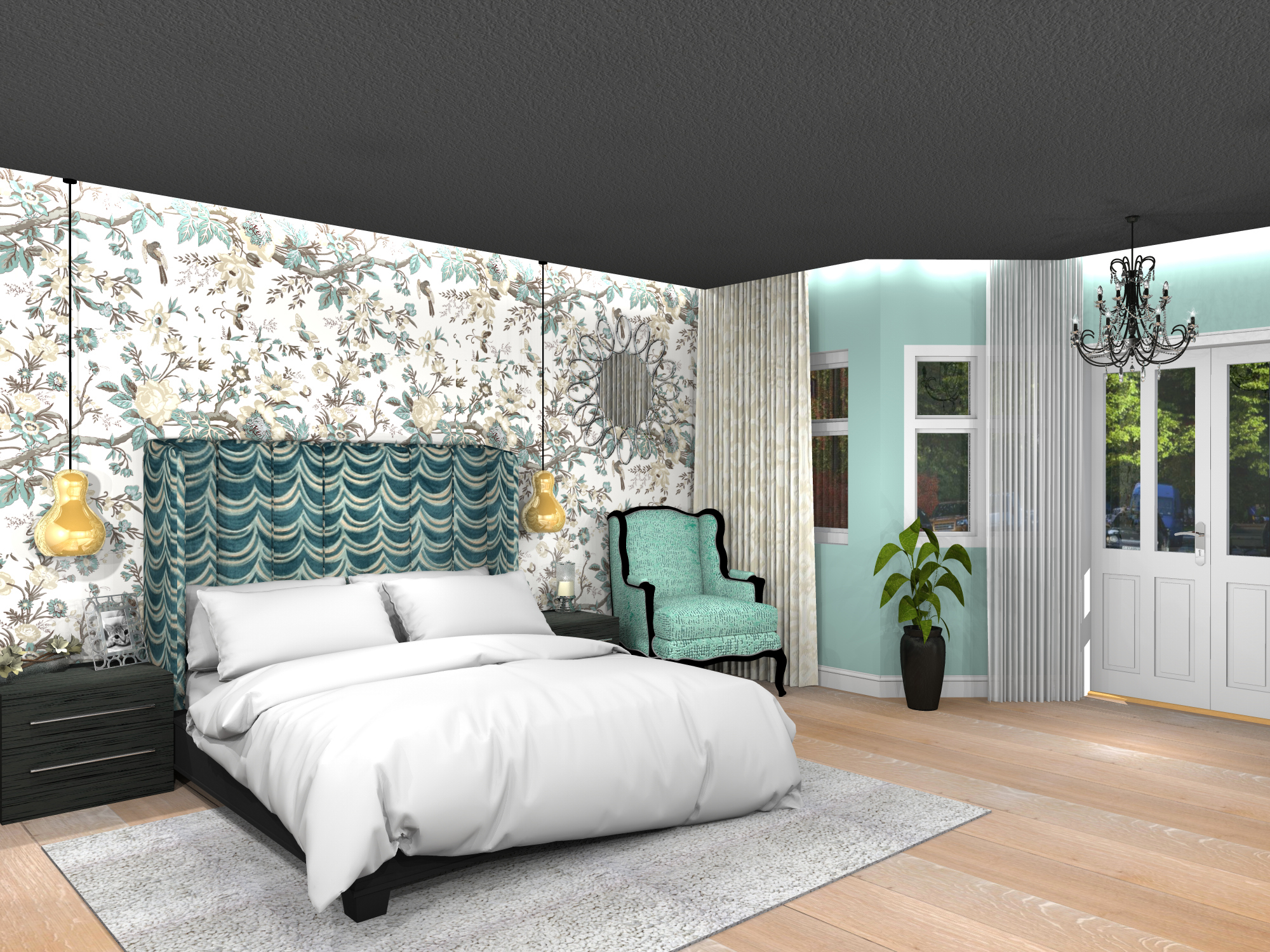 Moodboard kan brukes til inspirasjon og planlegging. Dette soverommet er skapt med utgangspunkt i moodboardet over.