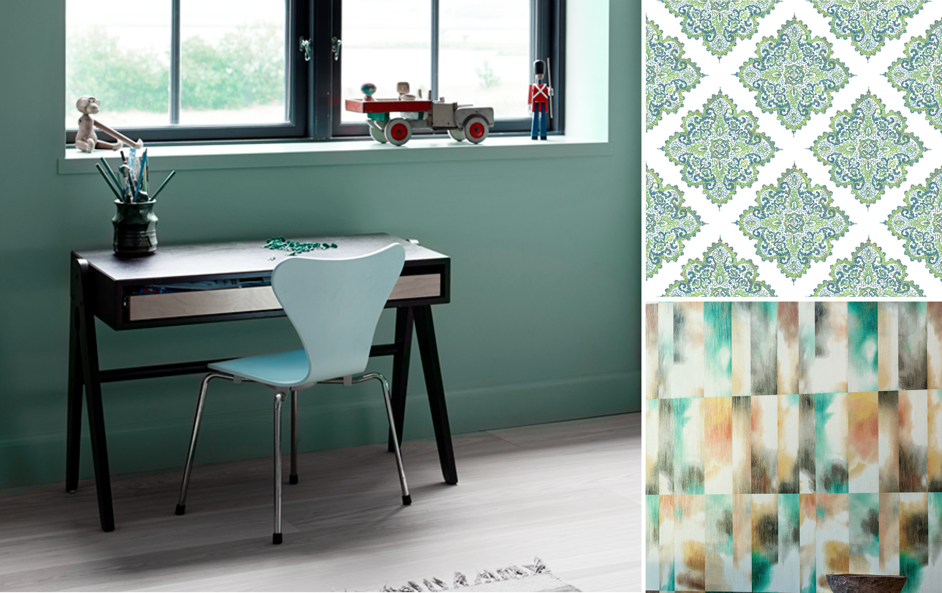 Fargen English Mist fra Flügger kan kombineres med ulike tapeter. Tapet øverst: Indo chic fra Fantasi Interiør, grønntoner i marokkanskinspirert mønster. Nederste tapet: Arte/Green Apple. Tapetene har samme grønntoner, men skaper to helt ulike rom.