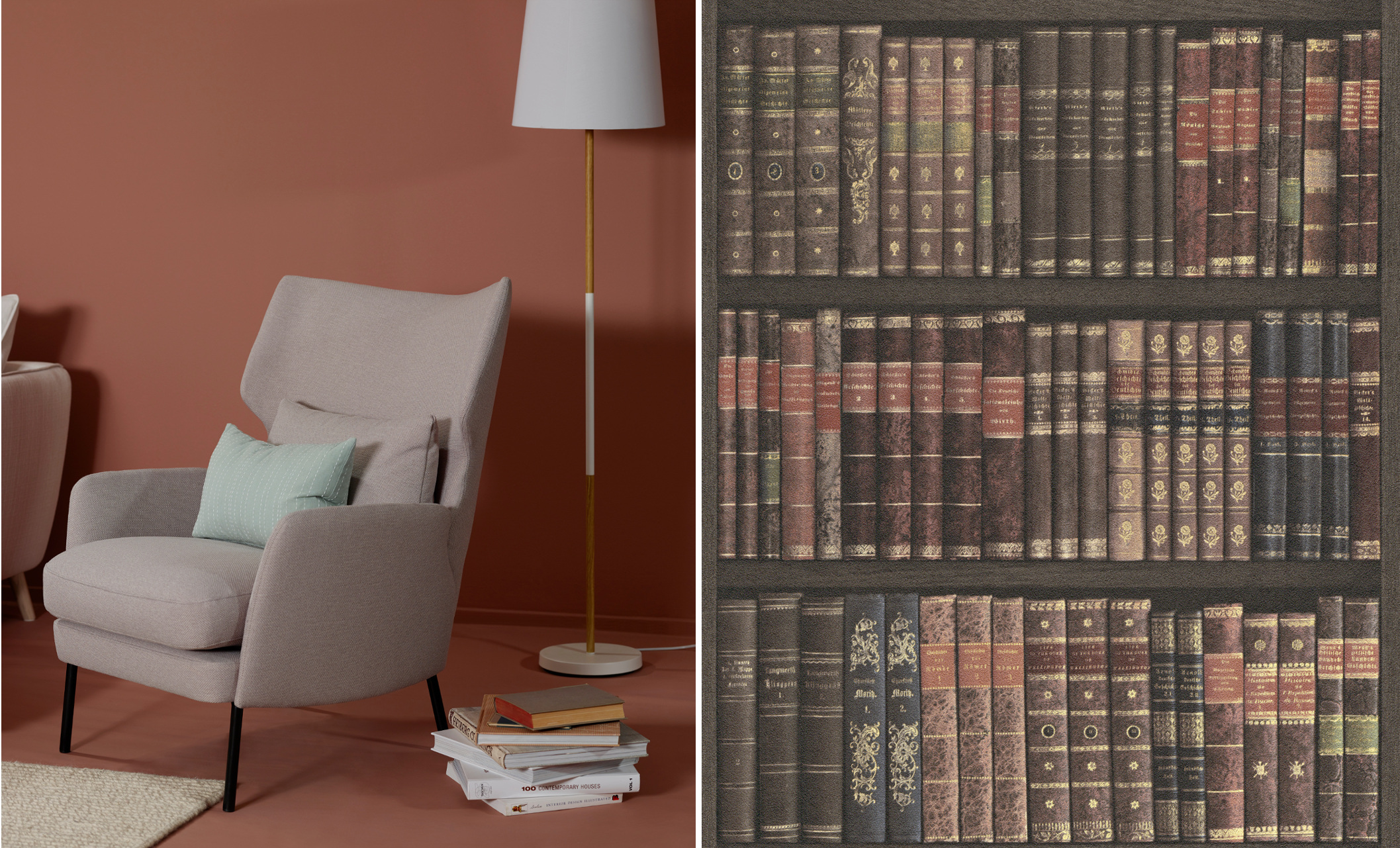 I Nordsjö Ide og Designs nye fargekart falt vi for fargen Nordisk Brunorange. Den terrakottalignende fargen finner vi også igjen i dette boktapetet i kolleksjonen Factory Style fra Borge. 