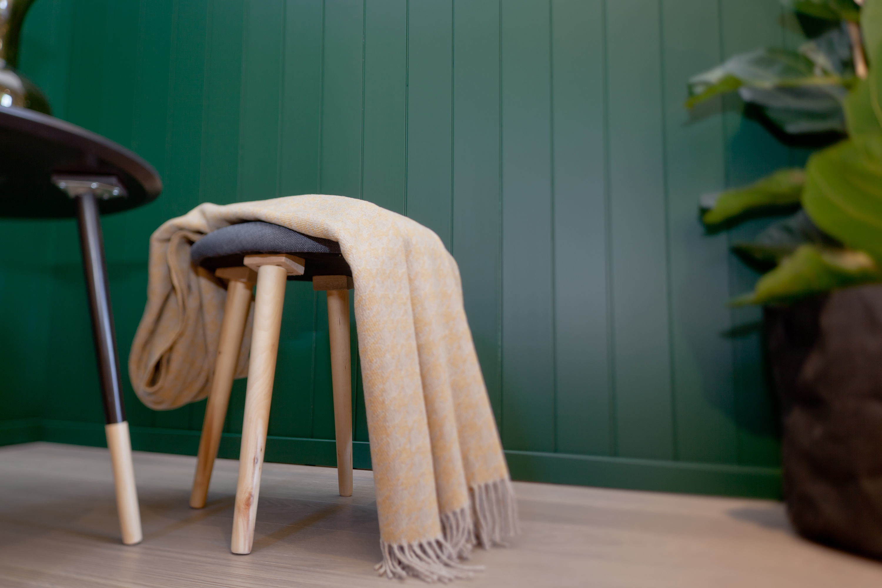 grønne vegger med mdf-panel,  krakk med pledd foran