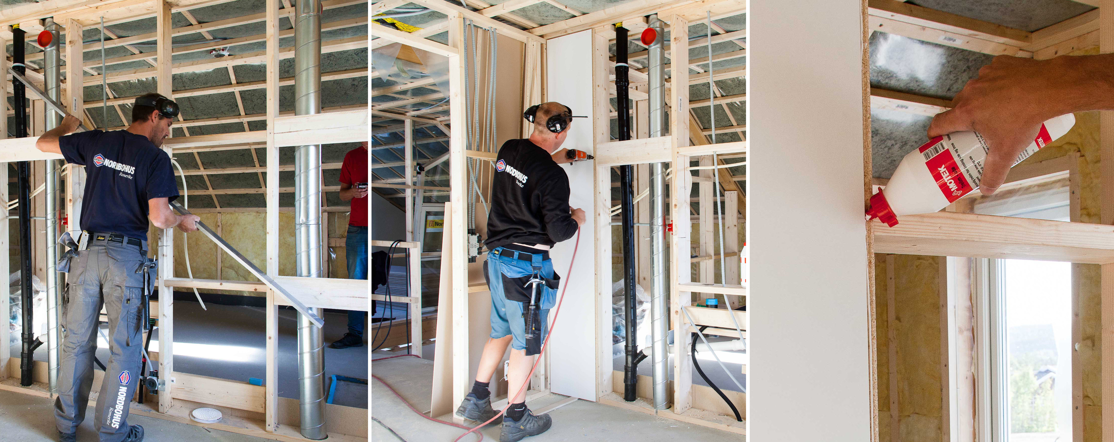 1, 2, 3: 1. Sjekk underlaget med en rettholt, 2. Start monteringen i hjørnet, og 3. Lim og klikk. (Foto: Kristian Owren/ifi.no)