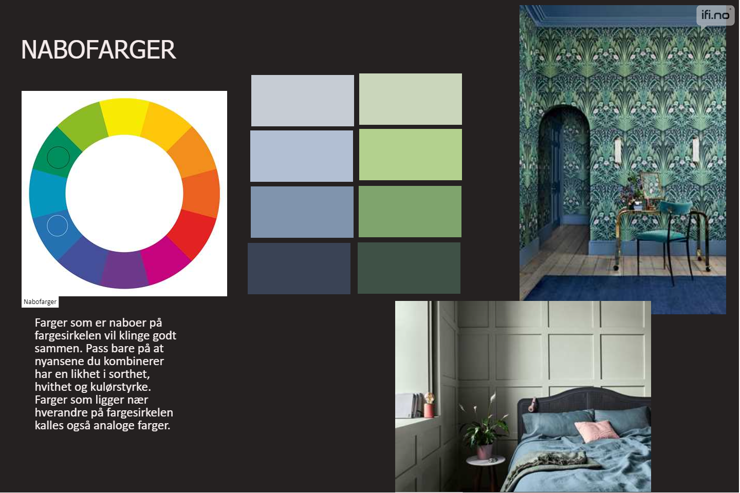 Moodboard basert på Ittens prinsipp om analoge farger/nabo farger blått og grønt