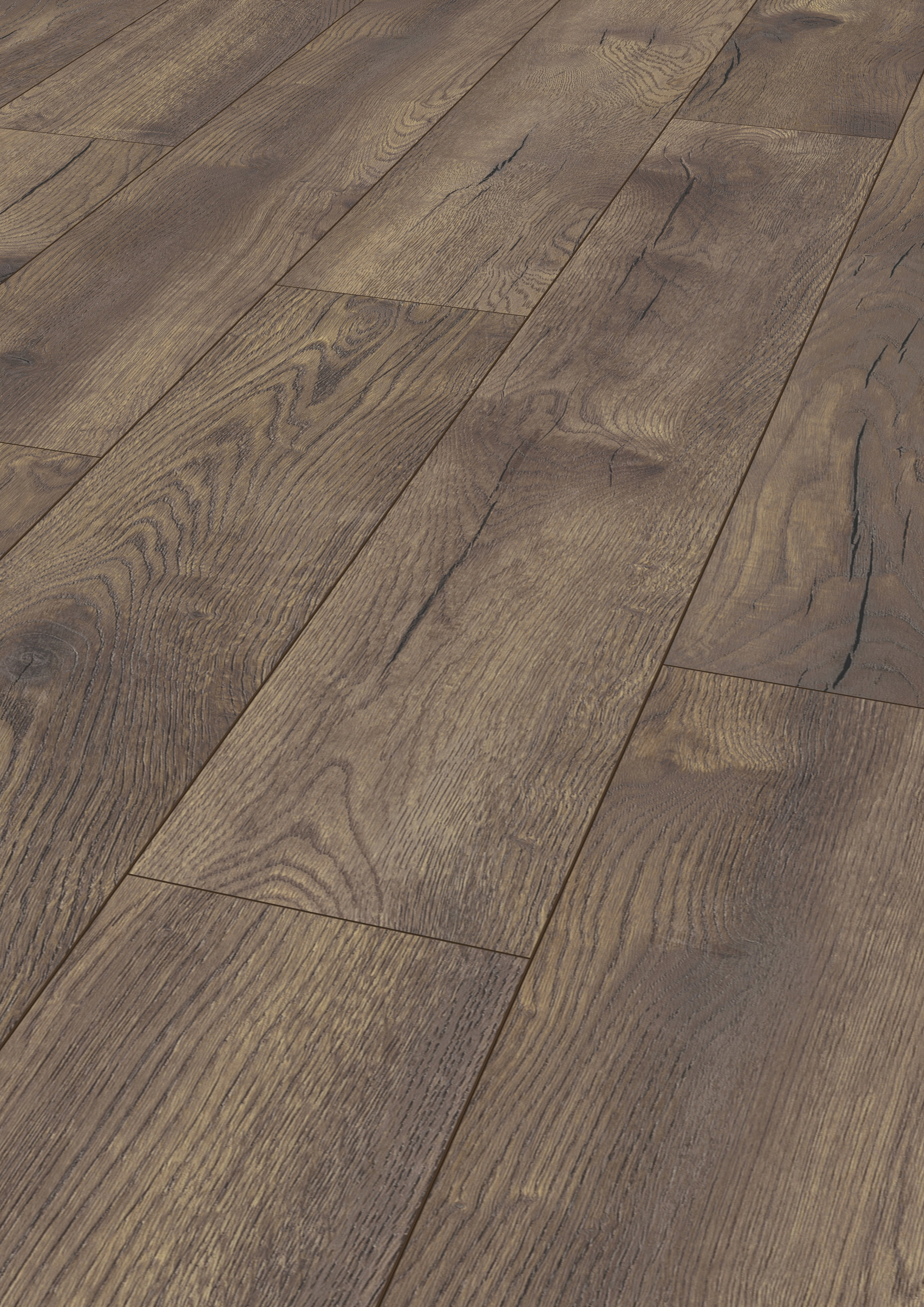 TUNGT GULV: I denne paletten passer det fint med et «tungt» gulv. Tyngde skapes av farge, format og tekstur. Dette mørkbeisede eikegulvet er fra Kronotex. (Foto: Kronotex)