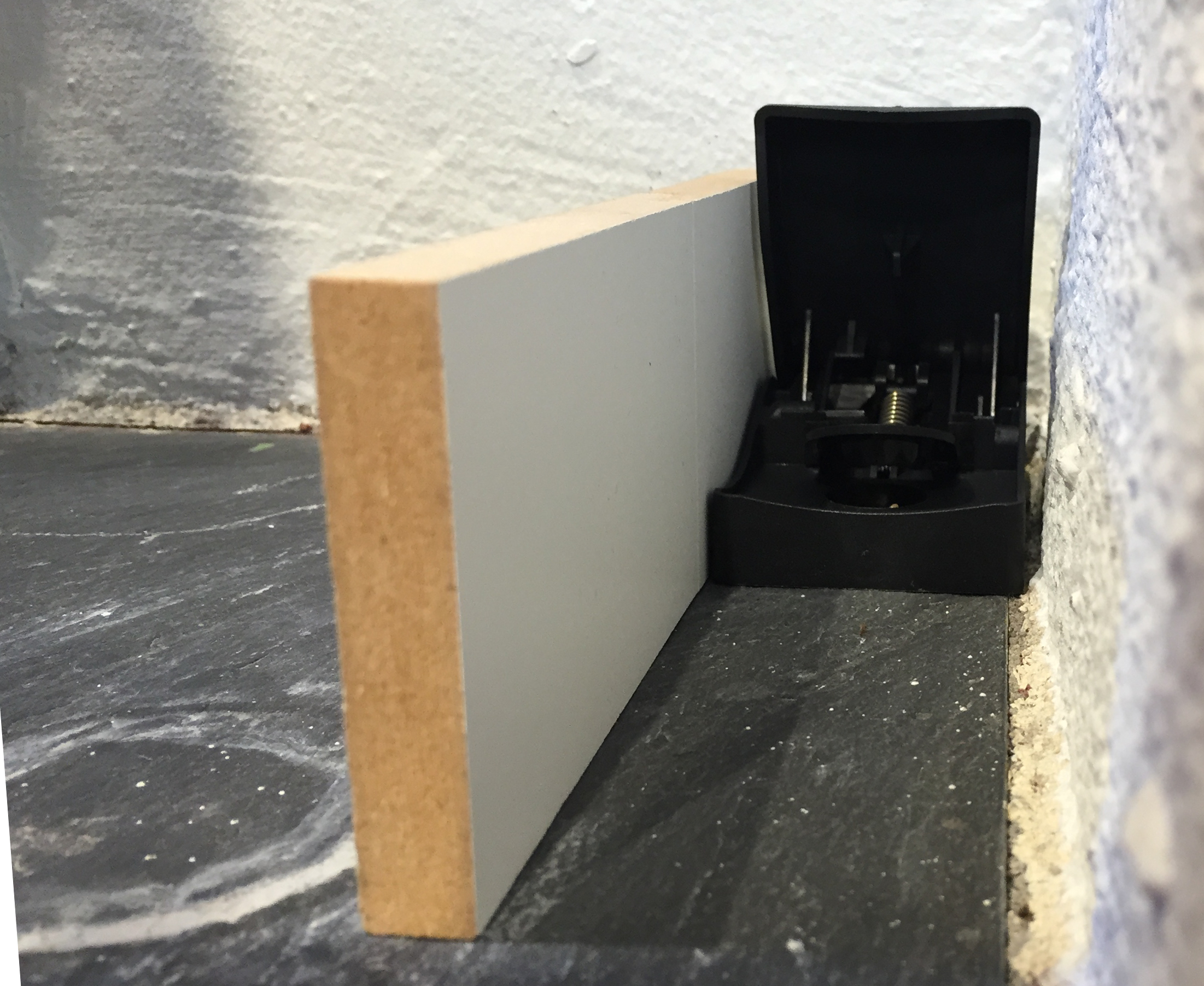 Lag en korridor som sikrer at musen møter fellen med hodet først. Her er det benyttet Temus musefelle i plast som er forhåndsfyllt med langtidsvirkende åte.