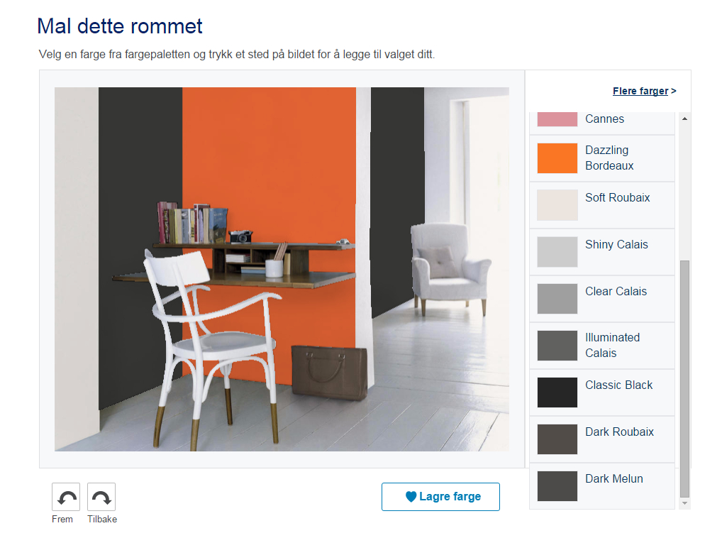 Nordsjö lar deg fargelegge ulike deler av veggen i forskjellige farger, slik at du kan eksperimentere til du finner noe du liker.