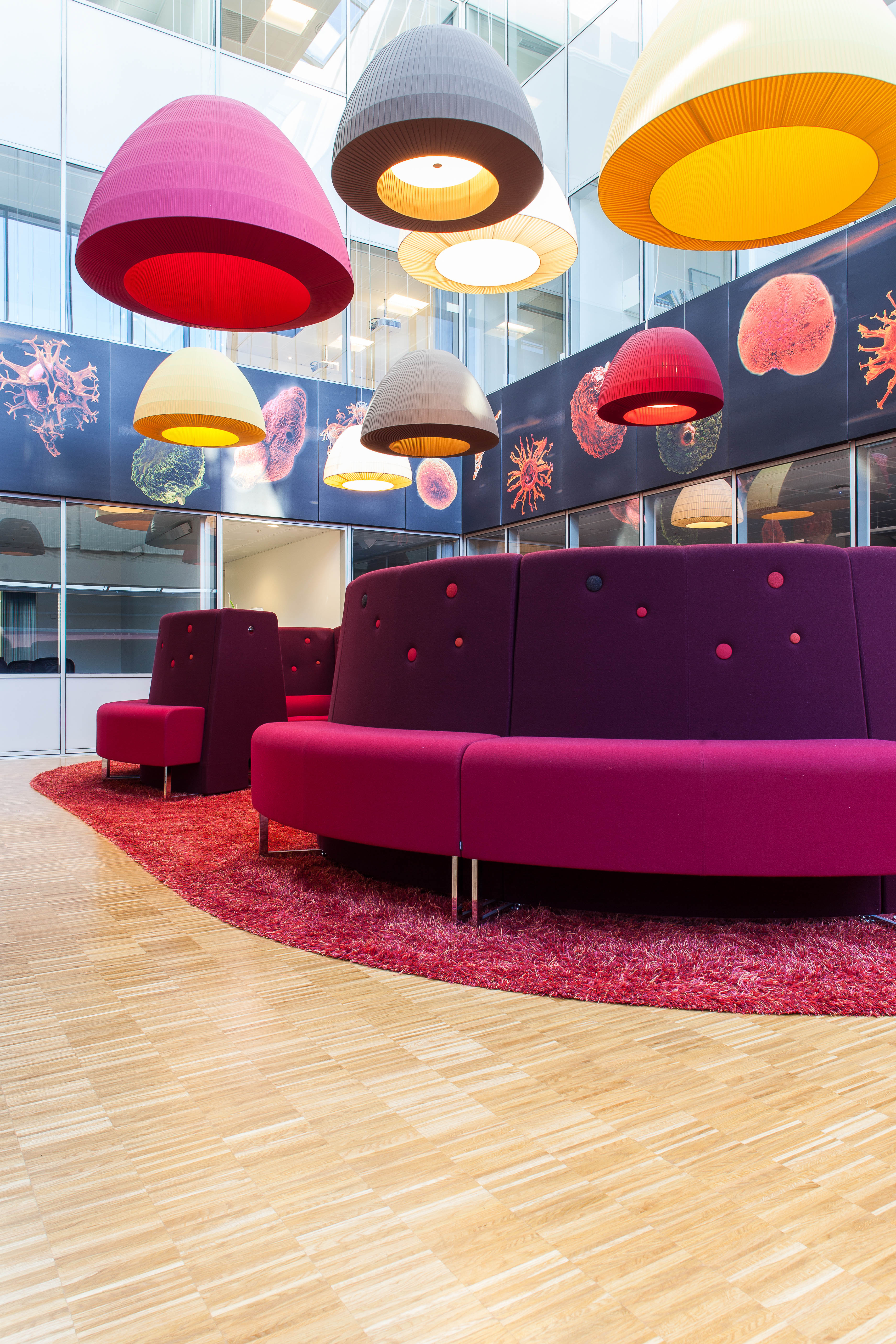 Bygget inneholder en rekke store og små pause- og samlingsarealer, med friske, avstemte farger og avdempet akustikk.