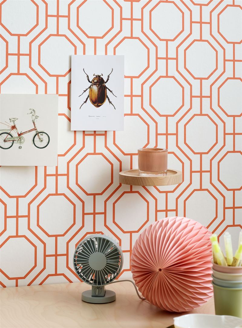 Oransje kan med fordel benyttes i mønster. Her vist i tapetet Trellis fra Storeys. 