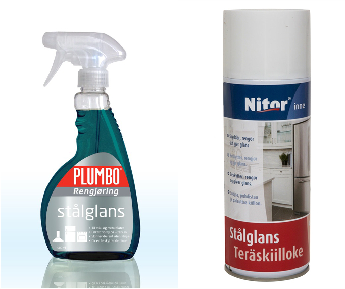 STRIPEFRITT: Plumbo Rengjøring Stålglans fra Krefting og Stålglans Aerosol fra Alfort er effektive midler på rustfrie overflater. (Foto f.v.: Krefting og Alfort)