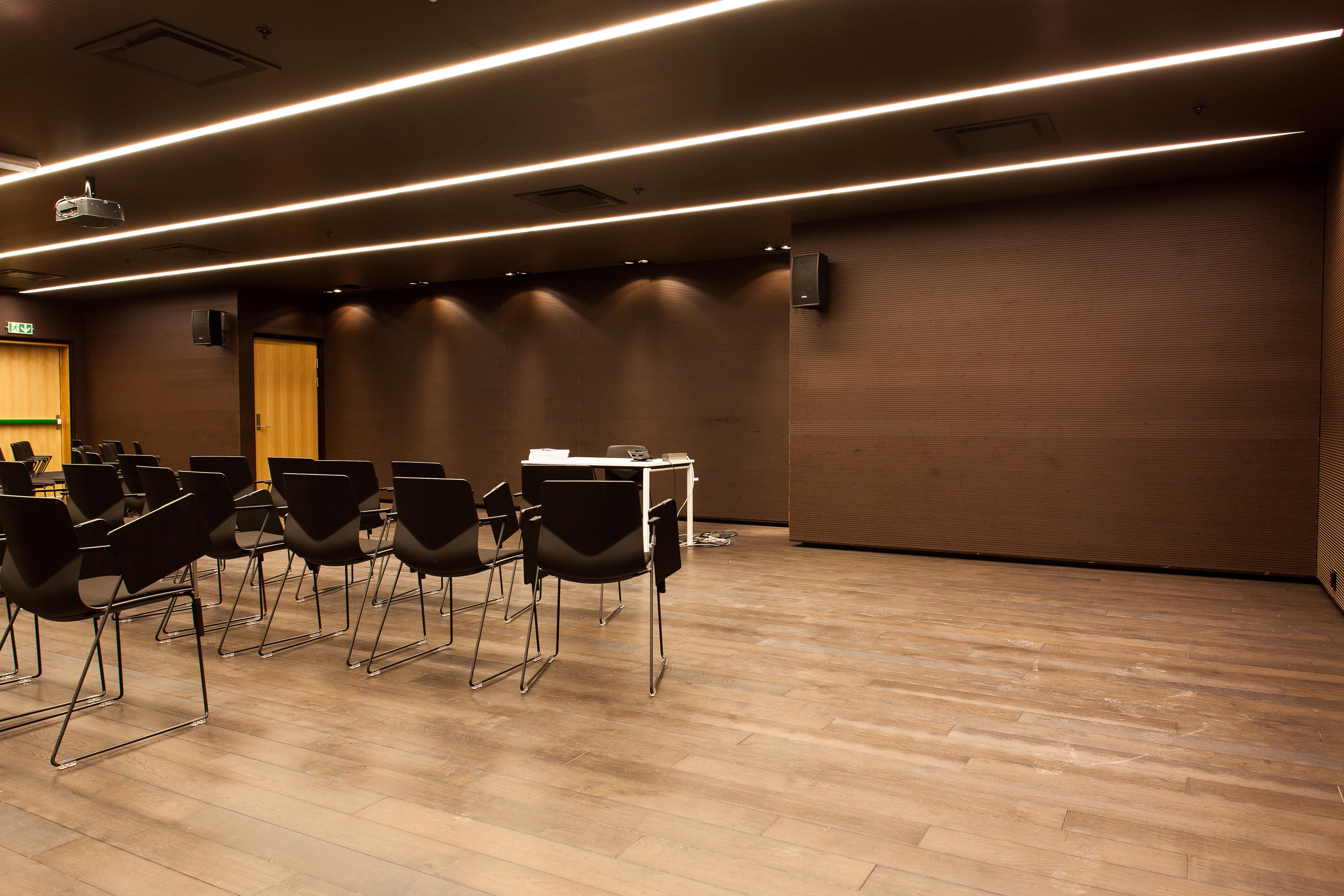 I auditoriet er vegger og tak kledd med spesialkonstruert akustisk utforming.