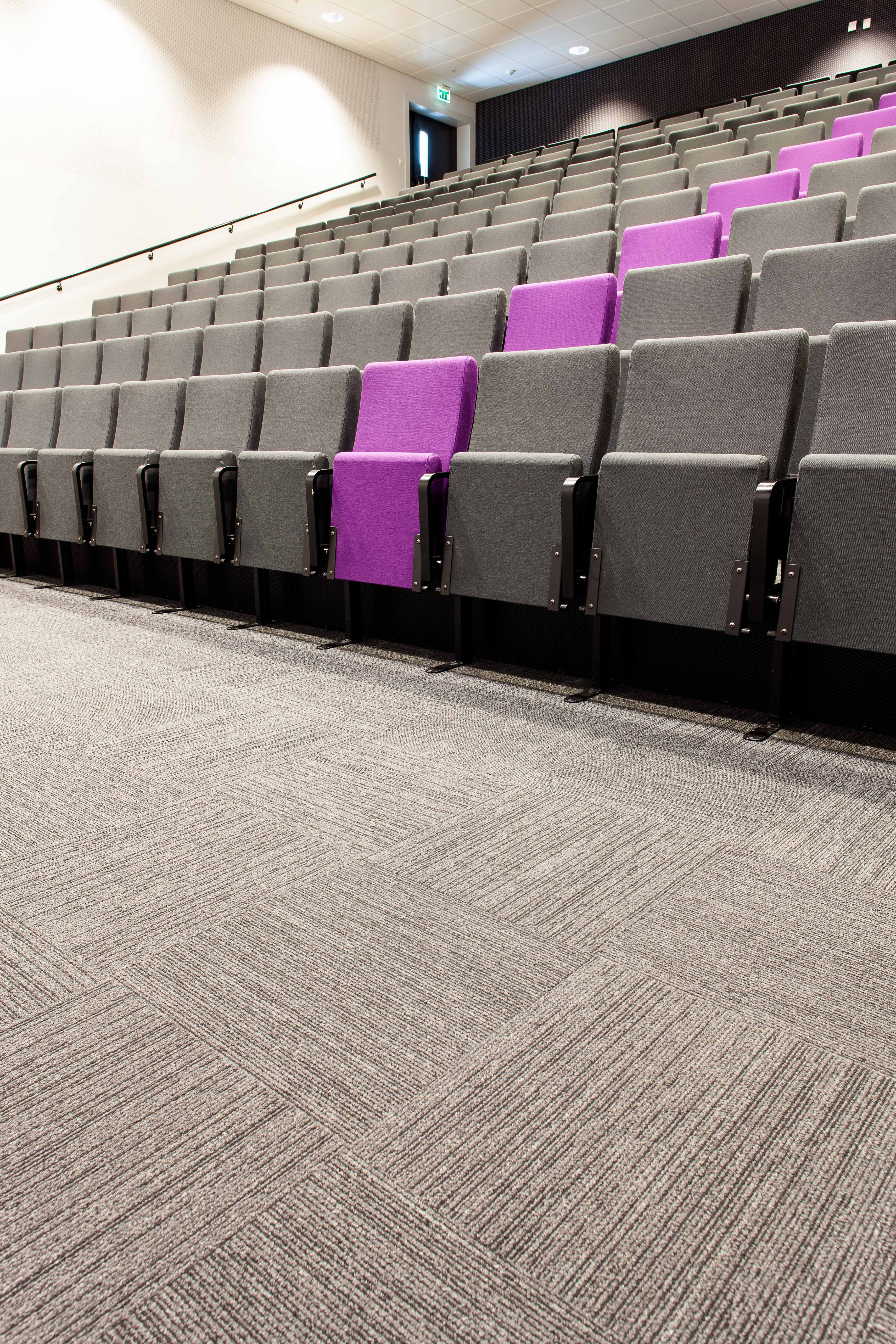 I det store auditoriet er det valgt grå teppefliser, kombinert med stoler i en annen grånyanse. Men rommet har fått en egen identitet ved å benytte en frisk farge på en av stolrekkene.