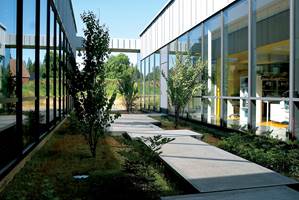 Skolen er en én-etasjes glasspaviljong. Glassfasadene gir rikelig med lys inn, og utsikt til grønne lunger mellom bygningskroppene.
