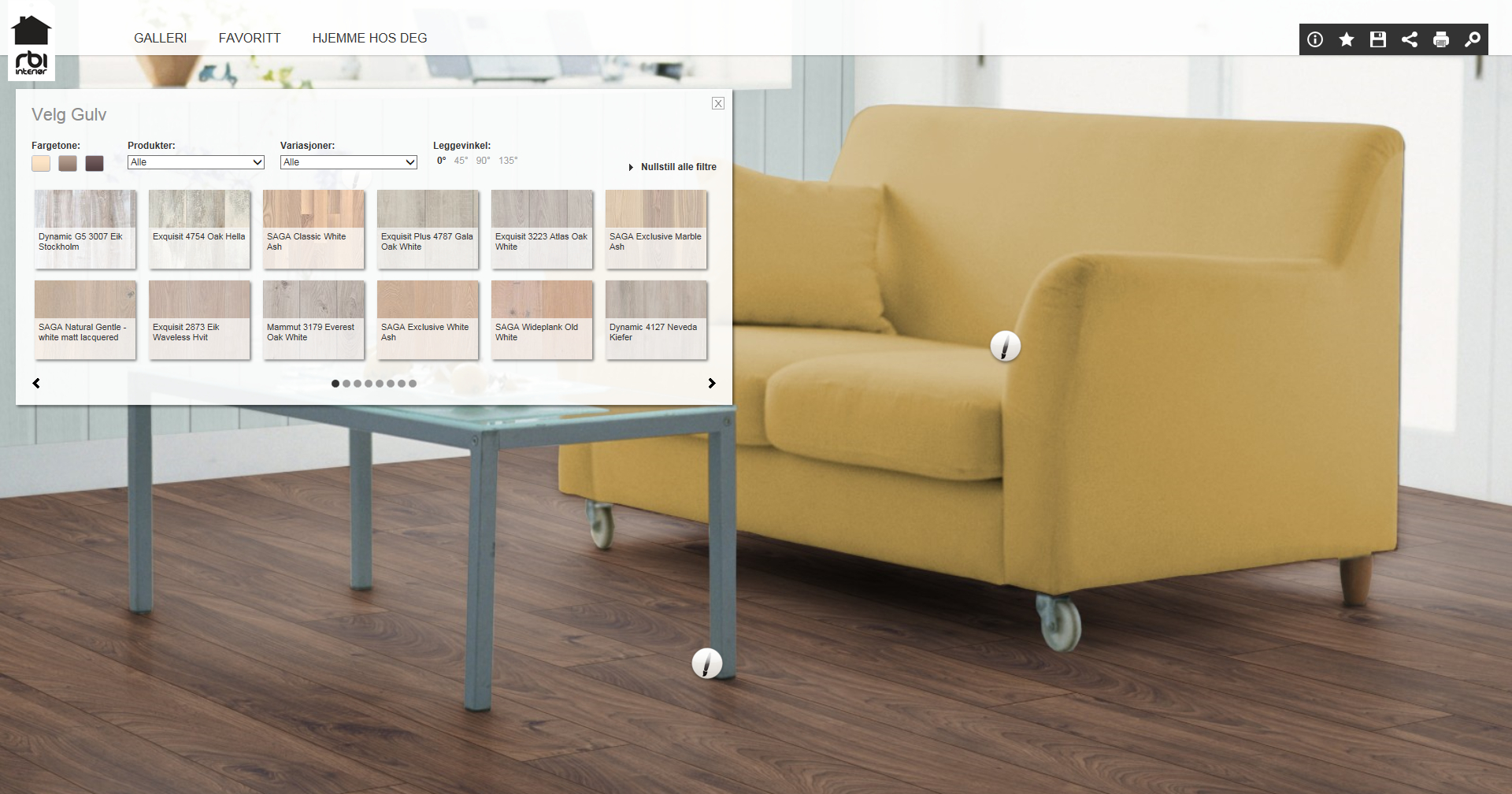 Sett farge på vegger og møbler også, for å se bedre hvordan gulvet står til interiøret.