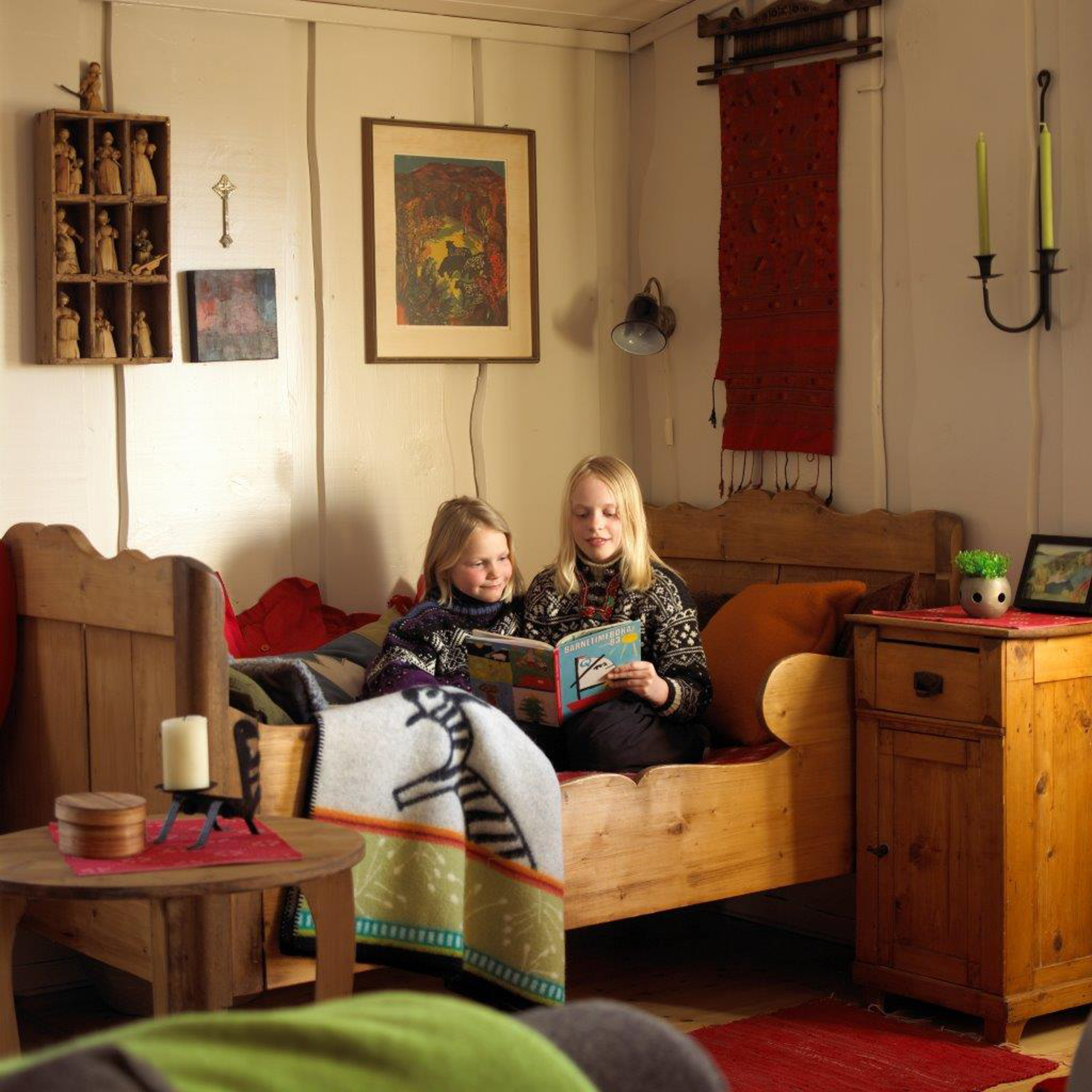 En hyggelig krok i stuen, hvor den gamle skuvsengen har fått hedersplassen. Sammen med det nymalte, røffe villmarkspanelet skaper den god atmosfære.  