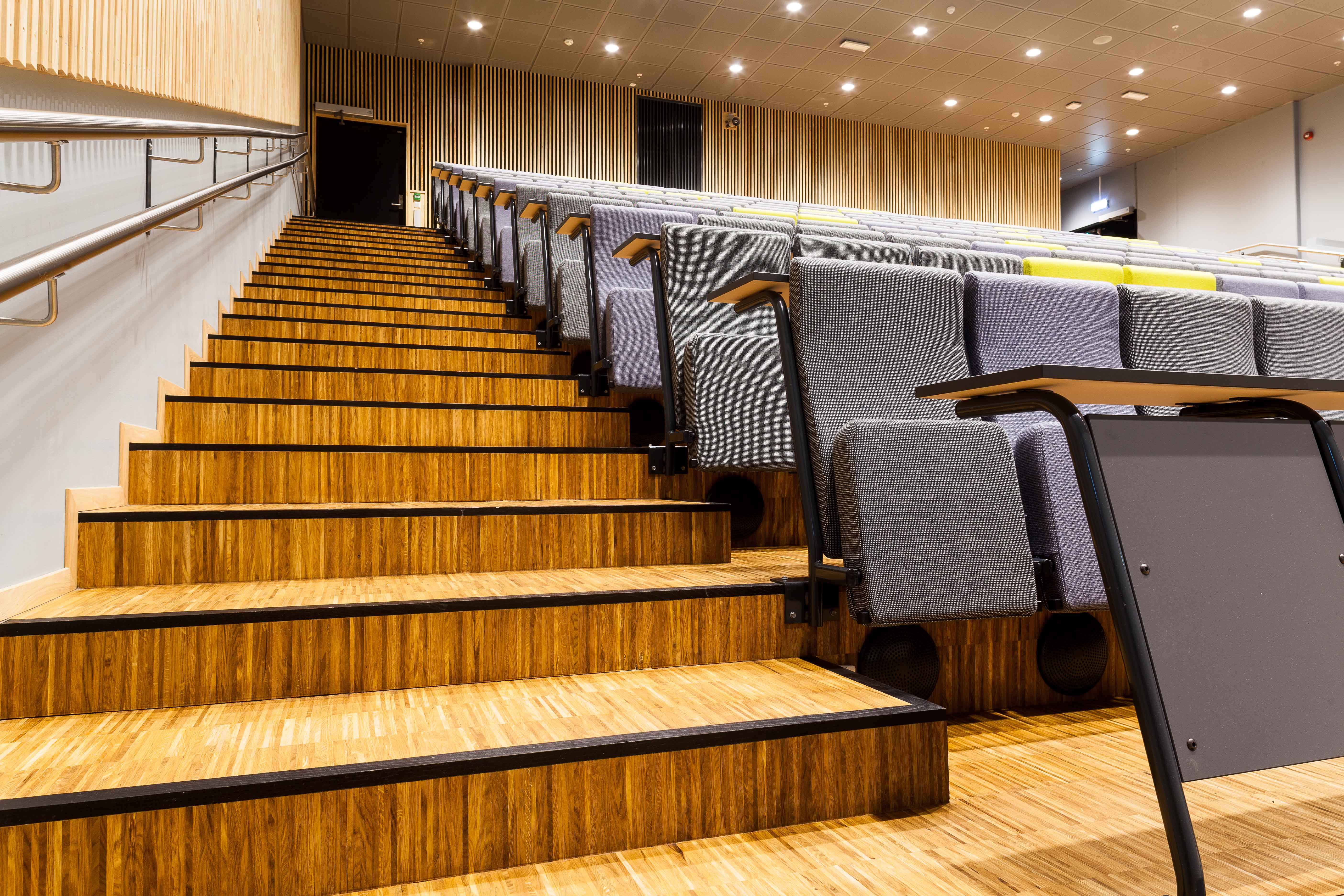 AUDITORIET: Her er det plass til 225 elever. Industriparkett på gulvet og trespiler på veggen er brukt også her som en del av byggherrens trestrategi. 