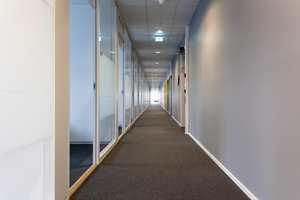 Langstrakte korridorer blir lyse og trivelige når dagslyset strømmer gjennom kontorene og innvendige glassvegger.