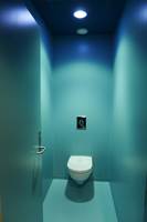 GULV PÅ VEGGEN: Toalettenhetene er fargesatt i blått for å minne om sjøen. Både vegger og gulv er belagt med vinylbelegg som gjør renhold og vedlikehold enkelt