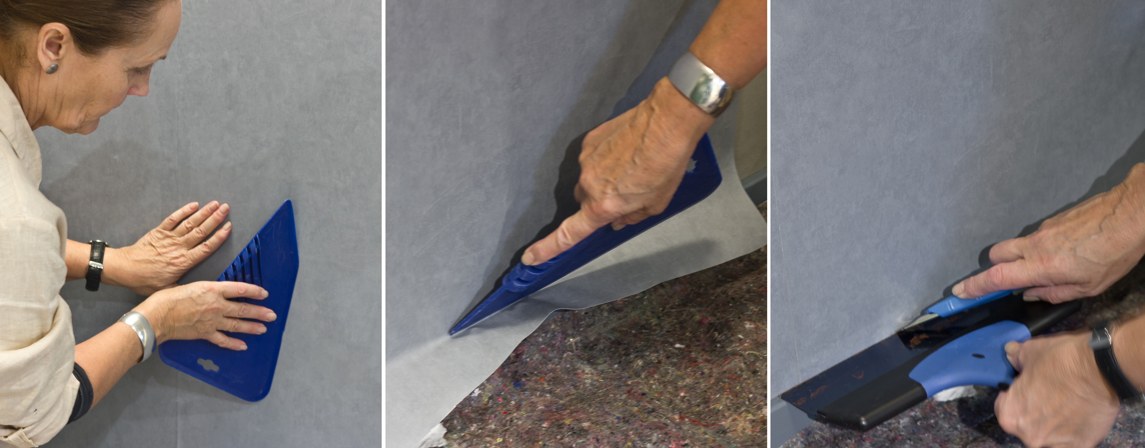 SNART FERDIG: 1. Få ut alle luftboblene. 2. Fest tapetet helt ned. 3. Skjær bestemt og rolig. (Foto: Chera Westman/ifi.no)