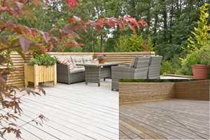 <b>FORVANDLING: </b>Kun etter få uker ble den gulvbrune terrassen stilig grå. (Fotomontasje)
