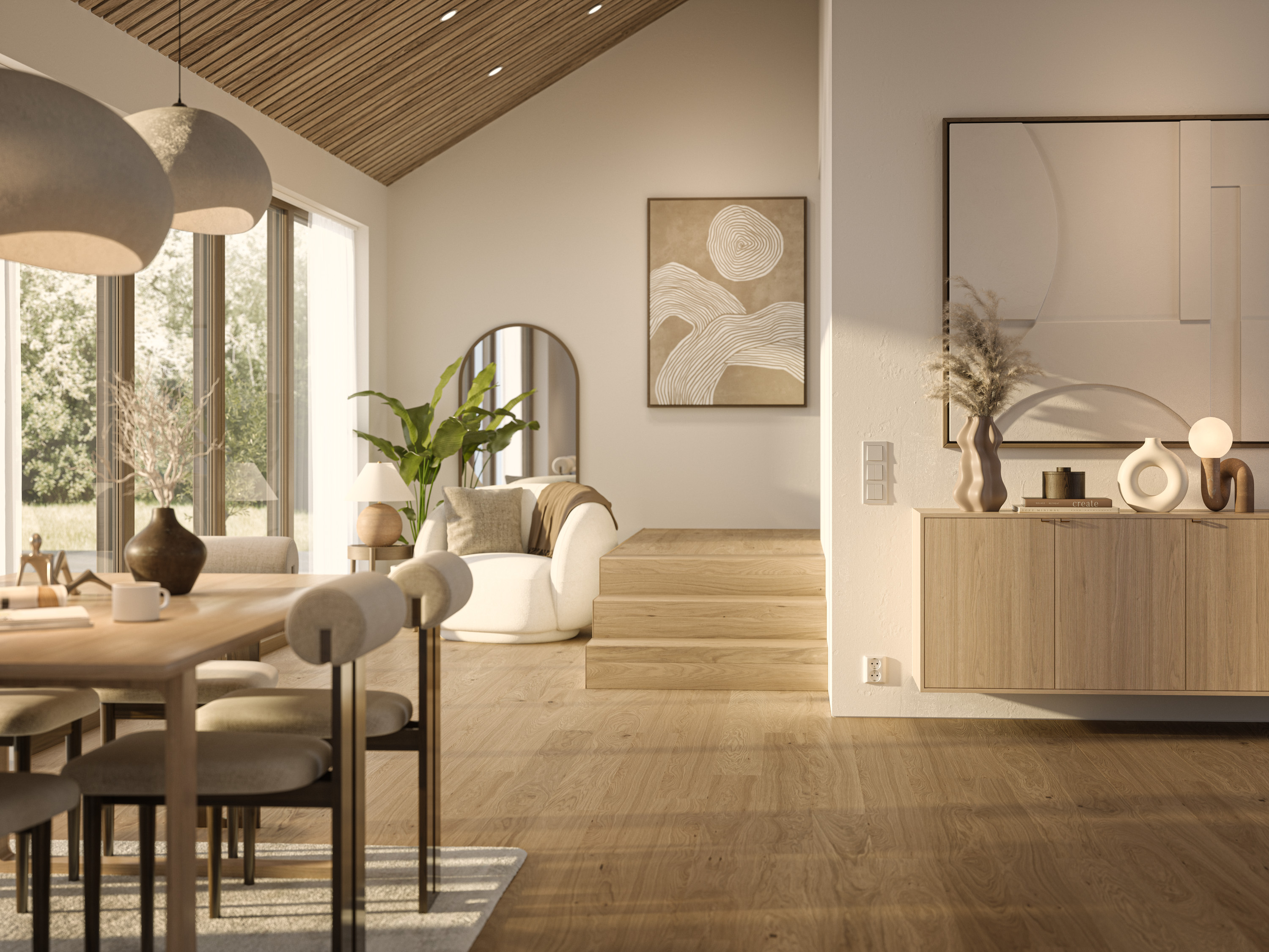 Stue og spisestue med parkettgulv. Spisebord til venstre