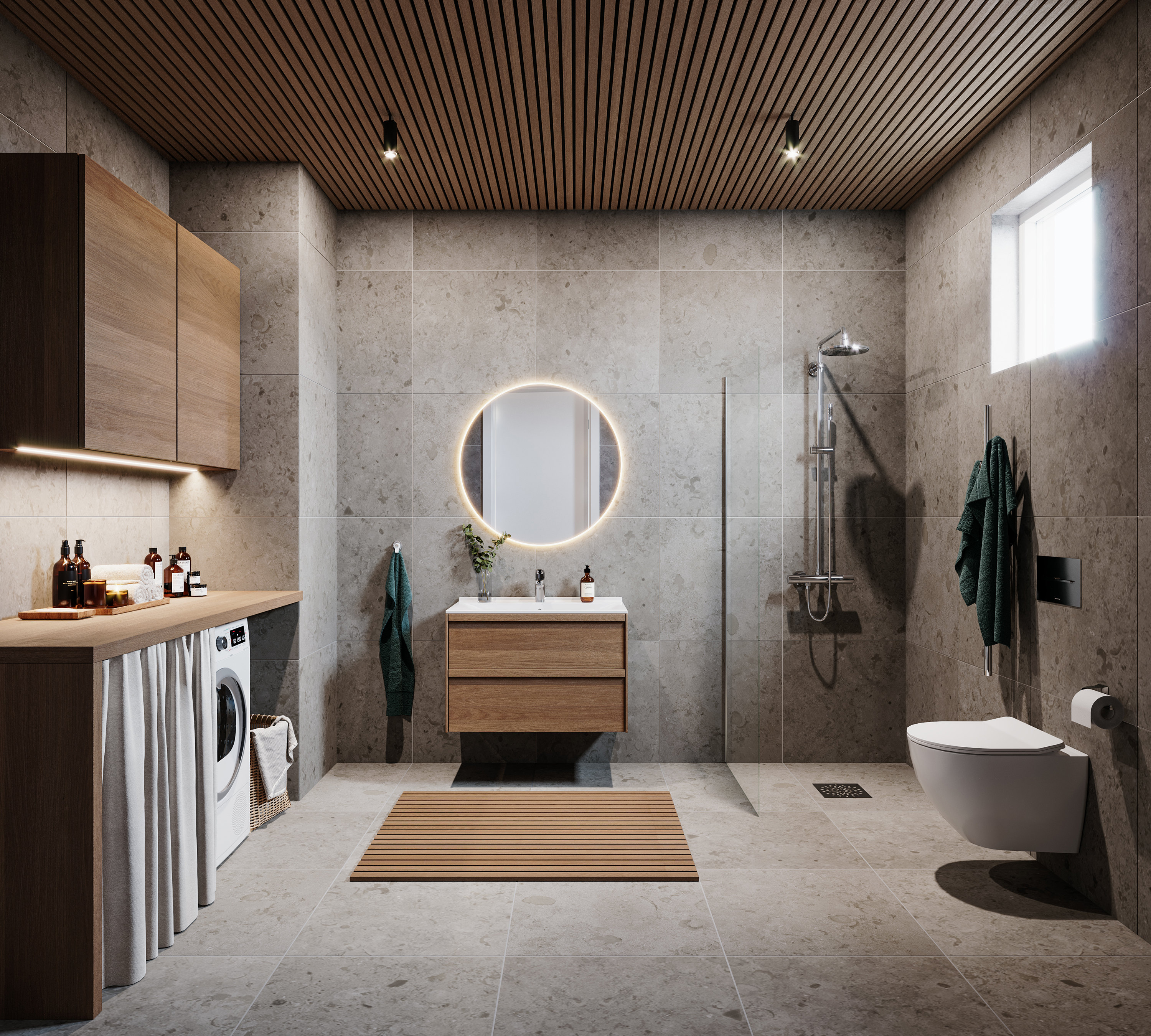 Spilepanel i taket på våtrom.