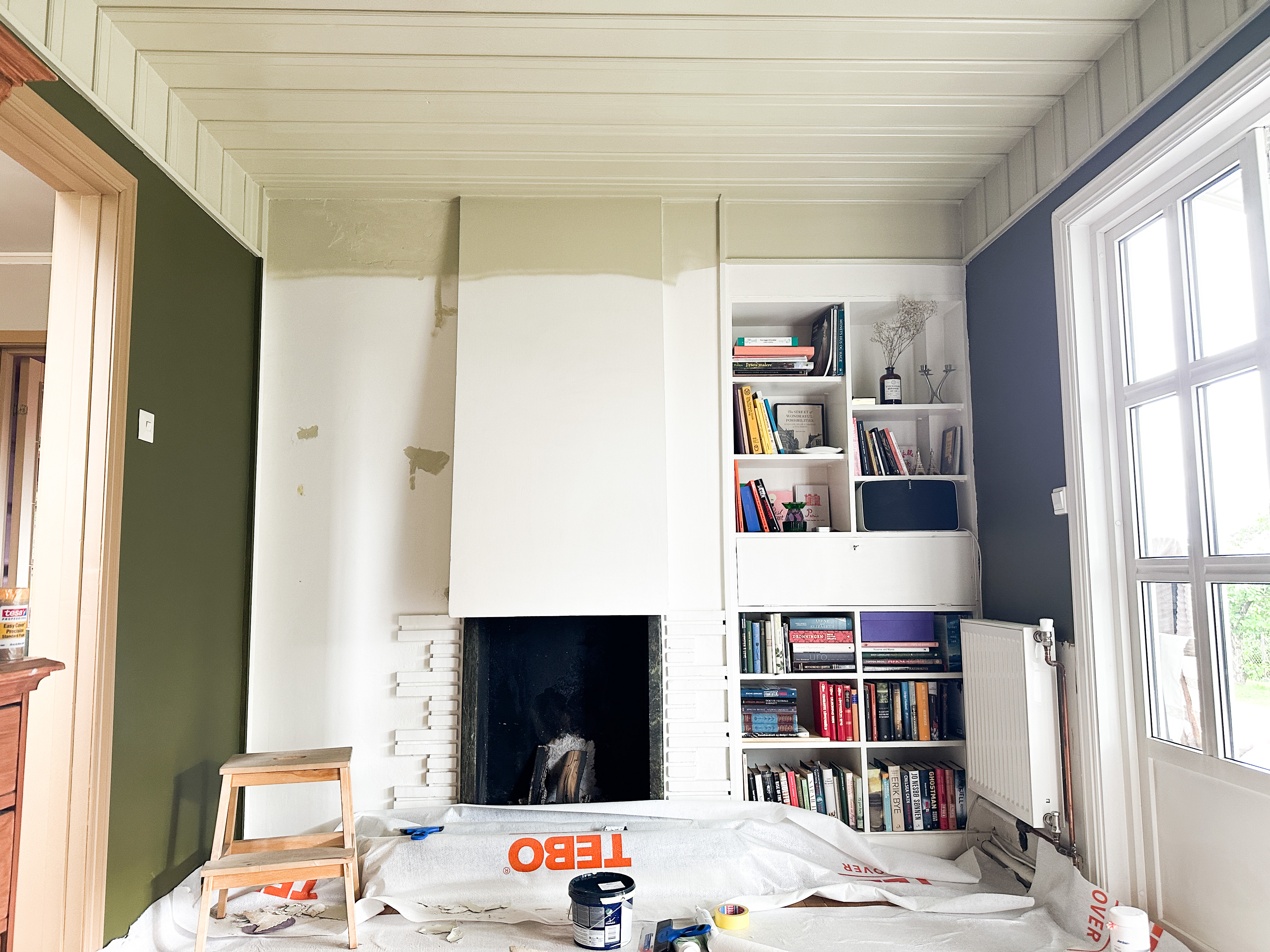 peis bokhylle hvit vegg grønt tak