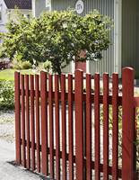 RØDT: Et rødt stakitt kan omkranse hagen på en fin måte. Her er også ytterdøren rød og det står godt til fasadefargen på huset.