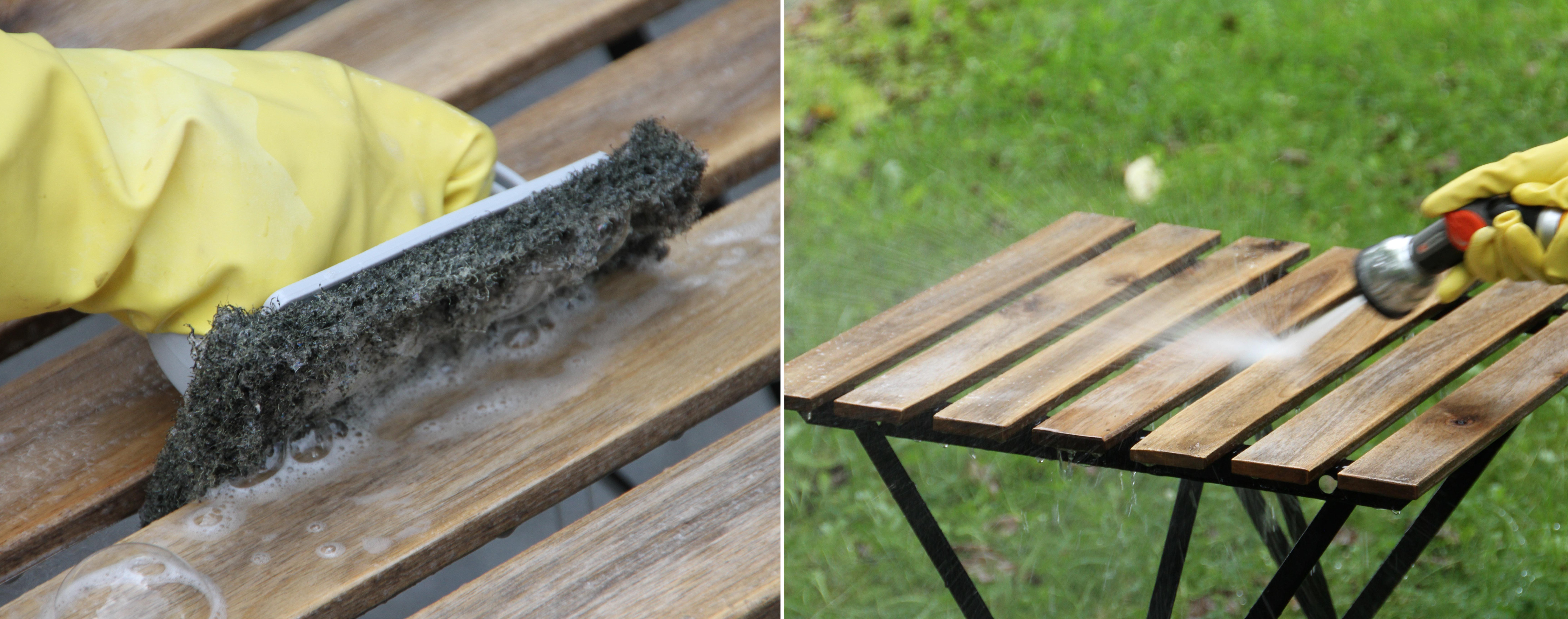 STEG 1 OG 2: Start med å vaske bordet. Deretter skyller du det. (Foto: Robert Walmann/ifi.no)