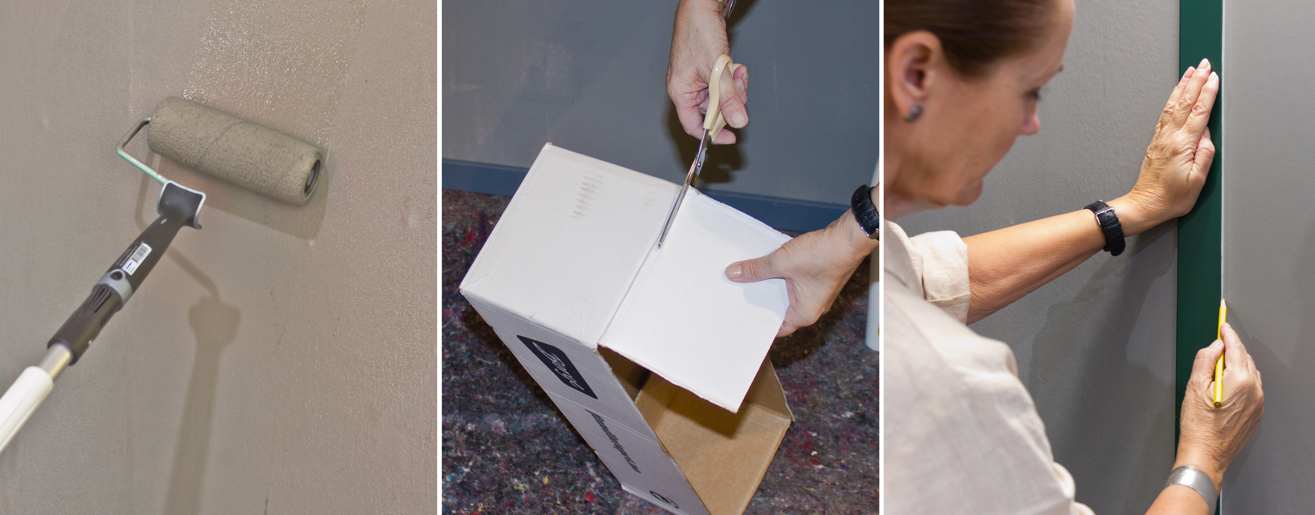 FORBEREDELSER: 1. Grunn gjerne i en farge som er likt tapetet. 2. Klipp av lokket på esken og bruk den som beholder for tapetet under tapetseringen. 3. Strek opp en loddrett linje med en blyant. (Foto: Chera Westman/ifi.no)