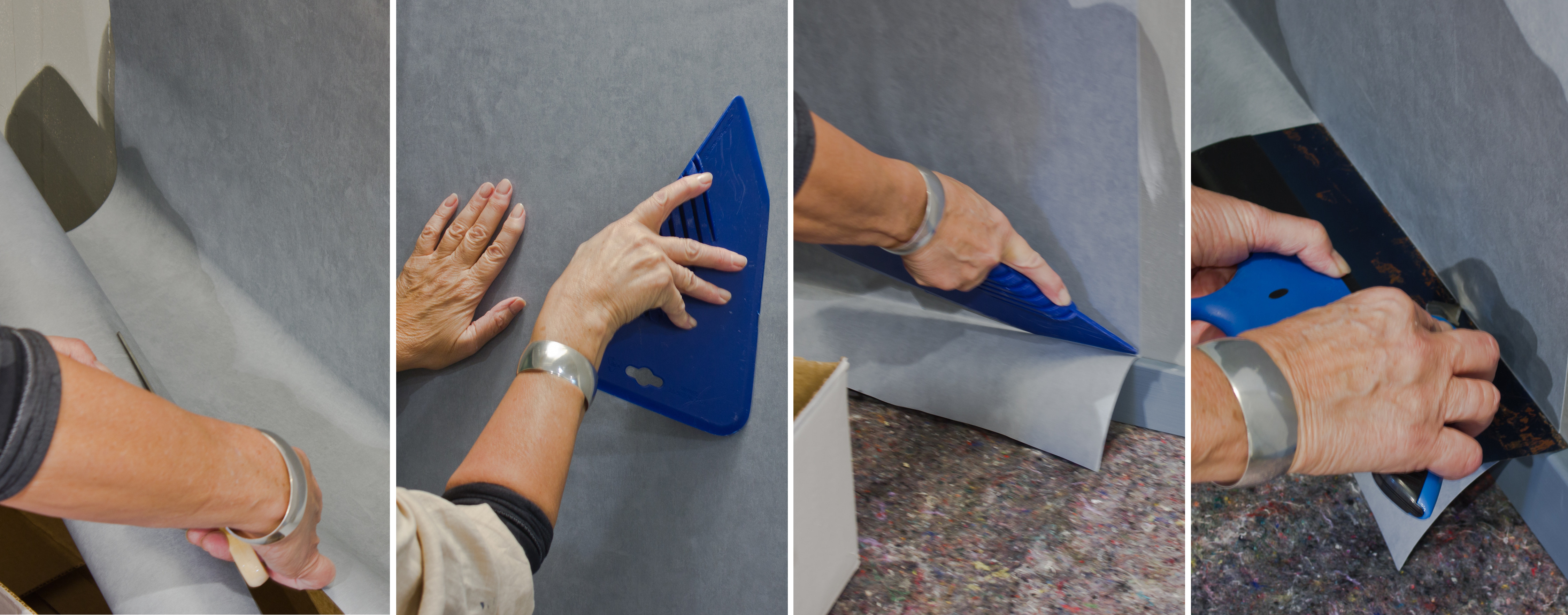 KLIPP, SLETT og KUTT: 1. Klipp tapetet fra rullen når det er festet. 2. Fjern luftbobler med en tapetsletter. 3. Press tapetet ned mot listen med den spisse enden på tapetsletteren. 4. Kutt tapetet. (Foto: Chera Westman/ifi.no)