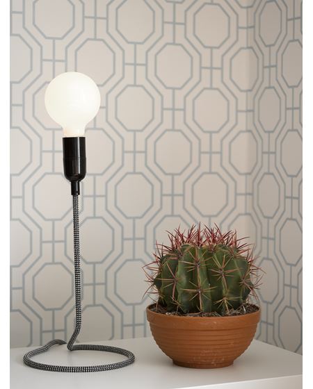 KULE FORMER Det rene stilleben – både lampe og kaktus står, med sine runde former, i spennende kontrast til det kantete, geometriske mønsteret.