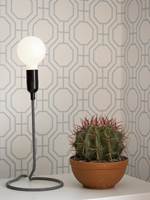 KULE FORMER Det rene stilleben – både lampe og kaktus står, med sine runde former, i spennende kontrast til det kantete, geometriske mønsteret.