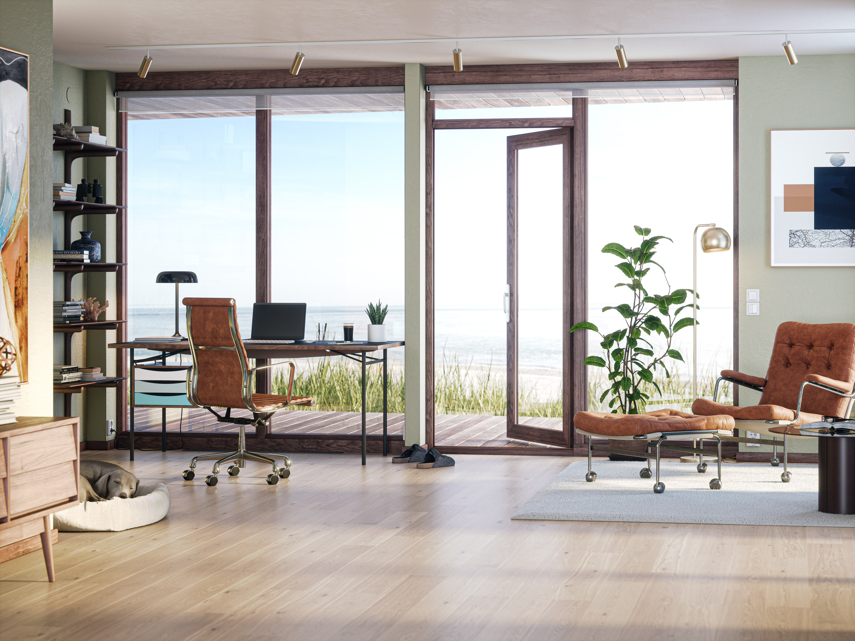 parkettgulv i rom med store vinduer 