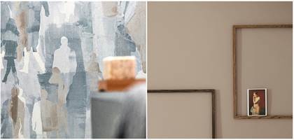 <b>FARGEVALG:</b> Går du for de gråblå tonene eller de beige? Valget er ditt! Tapet fra Tapethuset kombinert med maling fra Flügger.