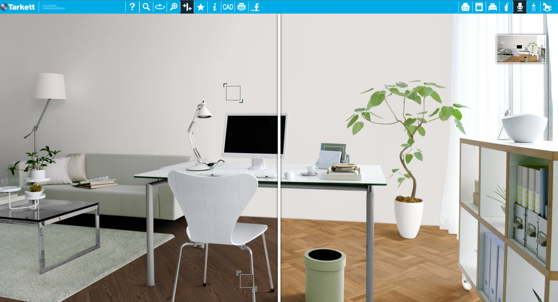 Tarkett har en lur funksjon, der du kan splitte rommet i to, for å se to ulike gulv mot hverandre. Hvilket faller i smak?