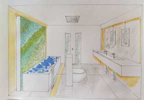 Tegningen til Åse Imset viser hvordan toalettet kan plasseres midt på gulvet. Badekaret har fossefall.