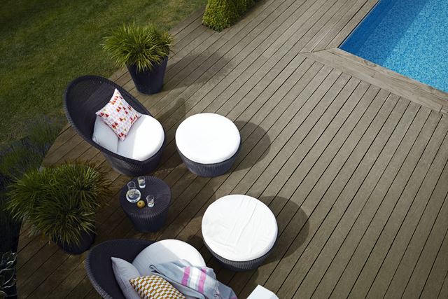 Du kan få en grå platting som ser værslitt uten å være flisete, fremheve uteplassen med en elegant brunsort farge, eller få en naturlig grønnfarget terrasse. Foto: Nordsjö