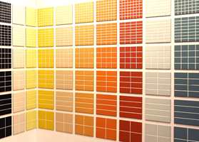 En kolleksjon som viser sterke fargeinnslag i seks forskjellige mønstre i samme størrelse flis. (Höganäs)
