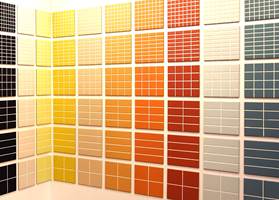 En kolleksjon som viser sterke fargeinnslag i seks forskjellige mønstre i samme størrelse flis. (Höganäs)