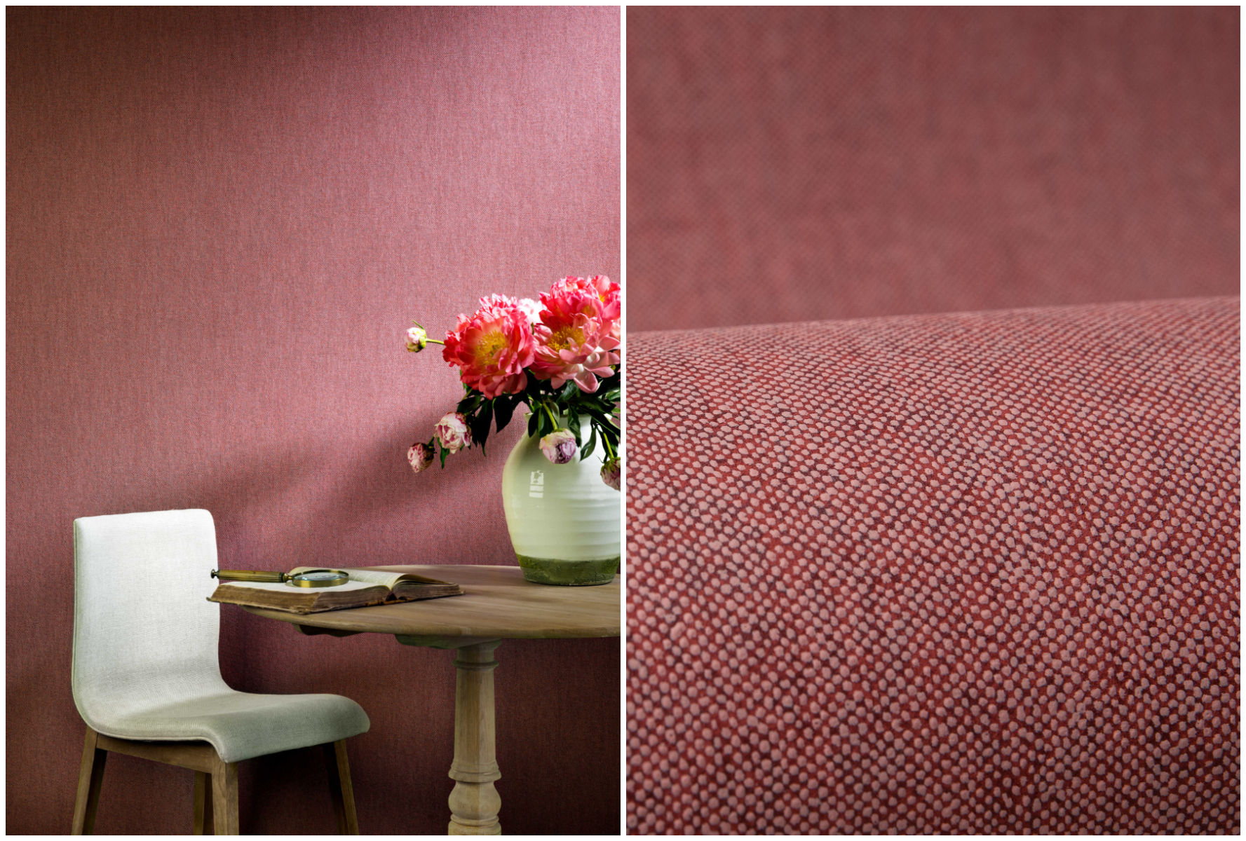 Rosa strukturtapet i gangen