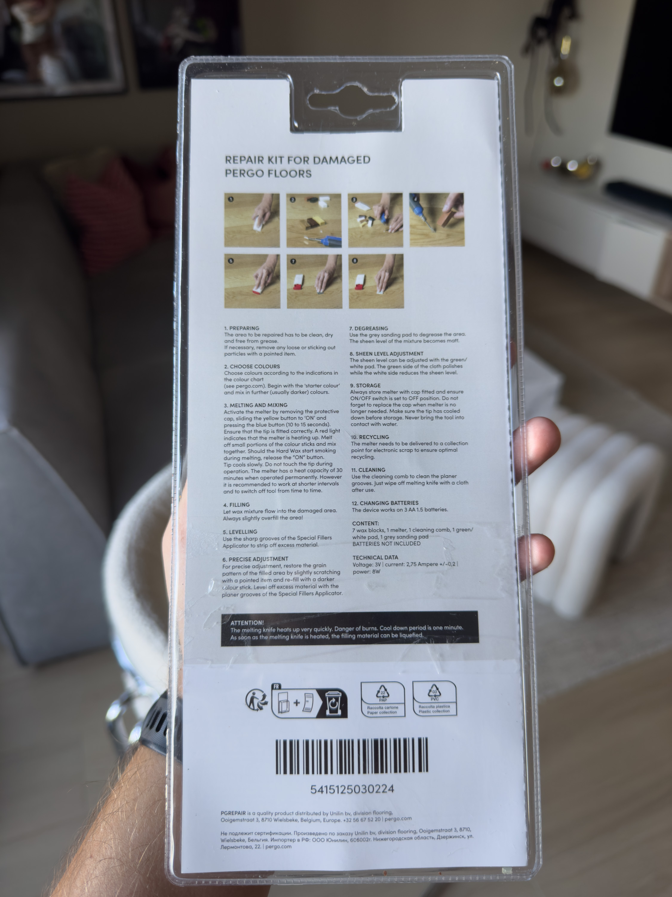 veiledning på baksiden av pakken på Pergos reperasjonssett